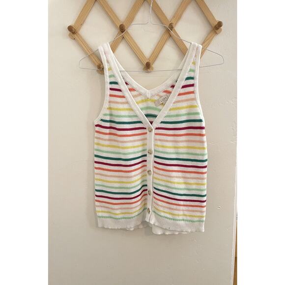 Loft Top Women's Medium White Rainbow Striped Button Up Sweater Tank 100% Cotton - Picture 2 of 7